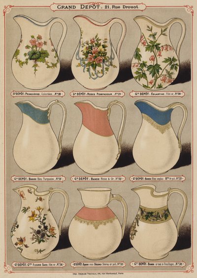 Sida från katalogen för Grand Depot de Porcelaines, Faiences et Verreries (färg litho) av French School