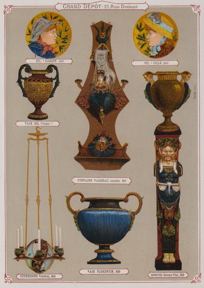 Sida från katalogen för Grand Depot de Porcelaines, Faiences et Verreries (färg litho) av French School
