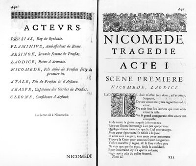 Sida i den första akten av Nicomede av Pierre Corneille (1606-84) av French School