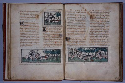 Sidorna 57 och 58, från Le Livre du Roy Modus et de la Royne Racio, av Henri de Ferrieres, ca 1420 (penna & bläck och wc på papper) av French School