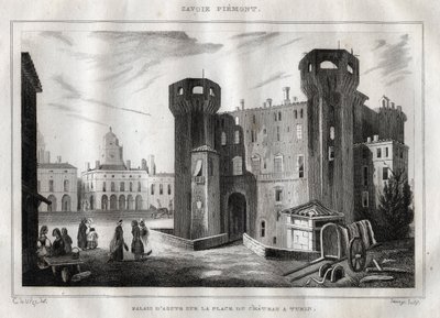 Palace of Aosta på Place du Chateau i Turin - Gravyr från "" Italien Pittoreska"" - Historisk och beskrivande målning av Italien" av M. de Norvins, Ch. Nodier 1834-1836. av French School