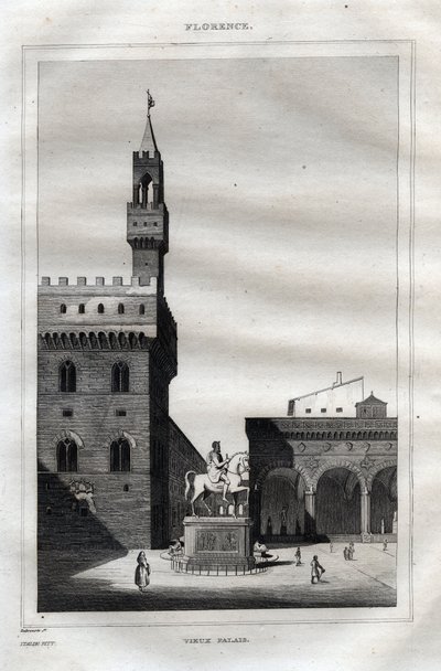 Palazzo vecchio i Florens - Piazza della Signoria - Gravyr från "" Pittoreska Italien" - Historisk och beskrivande målning av Italien" av M. de Norvins, Ch. Nodier 1834-1836. av French School