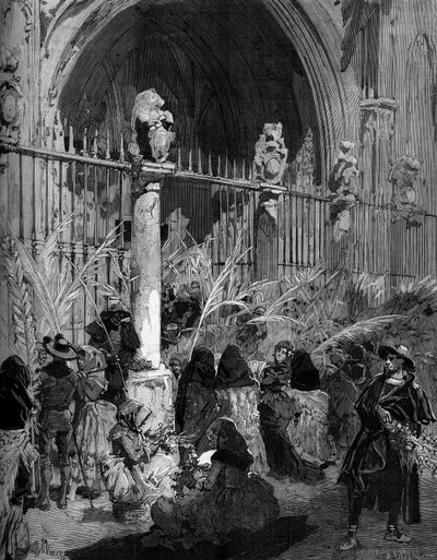 Palmsöndag i Spanien: försäljning av benitpalmer framför katedralen i Toledo. Gravyr av Jungfrun i ""The Illustrous World"" nr 1200 av 27 mars 1880. av French School