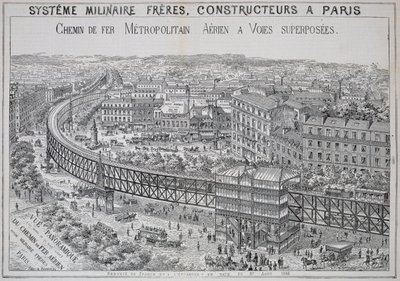 Panoramautsikt över Overground Metro i Paris, illustration från Le Metropolitain, maj 1885 av French School