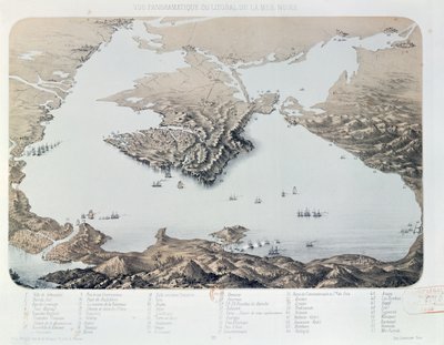 Panoramautsikt och plan över Sevastopol och Svarta havets kust vid tiden för Krimkriget, 1855 av French School