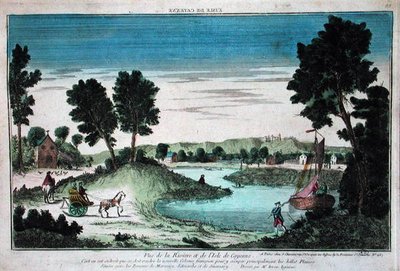 Panoramautsikt över floden och ön Cayenne, Franska Guyana (färggravyr) av French School
