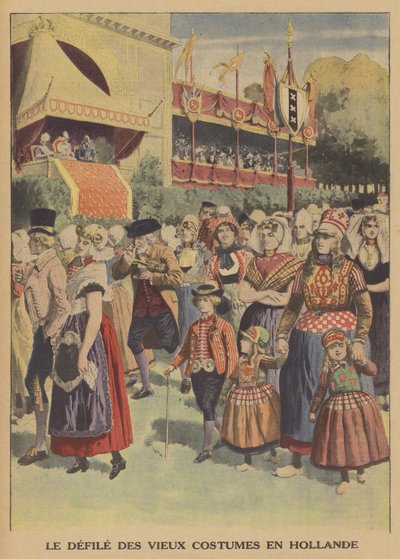 Parad av traditionella dräkter i Nederländerna (färg litho) av French School