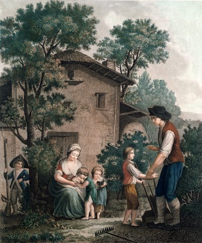 Föräldrar är de riktiga lärarna, sent 1700-tal (färggravyr) av French School