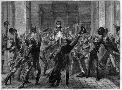 Paris, 20 mars 1815 - Napoleon I återvänder till Tuilerierna - Les Cent jours (100 dagar) Napoleons återkomst till Tuilerierna, 20 mars 1815 - i "Imperiets historia efter konsulatets historia" av Adolphe Thiers - 1879 - privat samling av French School
