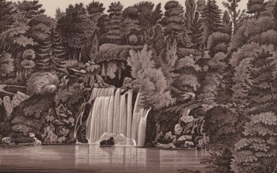 Paris: Bois de Boulogne vattenfall (litho) av French School