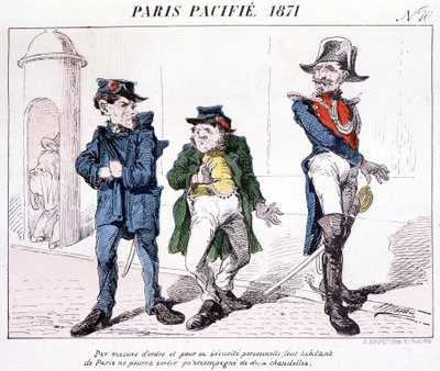 Paris Pacified 1871 - Som ett mått på ordning och personlig säkerhet kan varje invånare i Paris bara gå ut med två ljus. Tecknad film om kommunen. av French School