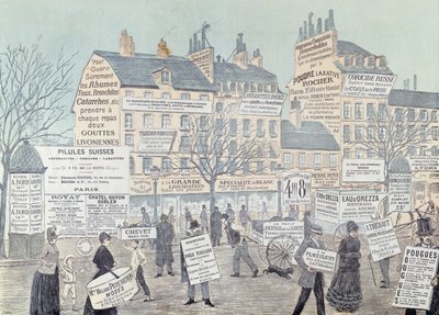Paris Street Scene med många annonser, främst för mediciner, 1885 (färggravyr) av French School