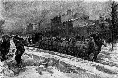 Paris under snön, vintern 1879-1880: isplogen (snöjakten) på Boulevard Montparnasse. Gravyr i "" Le Monde Illustré"" nr 1188 den 3 januari av French School
