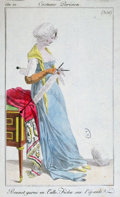 Parisisk kostym: huva trimmad med tyll, fichu på axlarna, 1802 av French School