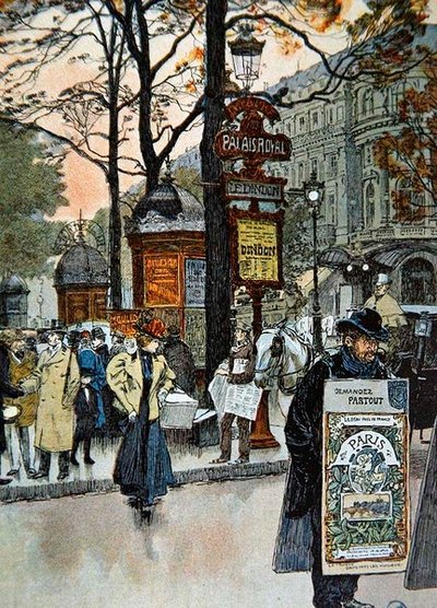 Parisisk gatubild nära tunnelbanestationen Palais-Royal, ca 1900 (färg litho) av French School