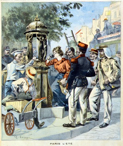 Parisare dricker runt en Wallace-fontän - i "Le Petit Journal" av 1900-08-19 (gravyr) av French School