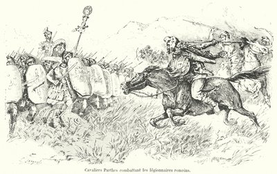 Parthiskt kavalleri attackerar romerska legionärer (gravyr) av French School