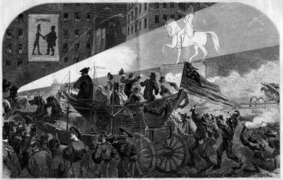 Fest på gatorna i New York (New York) för att fira installationen av den transatlantiska telegrafiska kabeln mellan USA (USA) och England 1858. Gravyr i "" Le Monde Illustré"" nr 79 av 16 oktober 1858. av French School