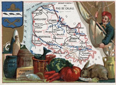 Pas de Calais (62), Nord Pas de Calais (Nord-Pas-De-Calais), Frankrike. Lokala specialiteter: svart tvål, smutsig fisk, cider och tobak. Serie om de franska departementen. Kromolitografi (Chromo) "" den geografiska tråden"", ca 1920. Privat samling. av French School