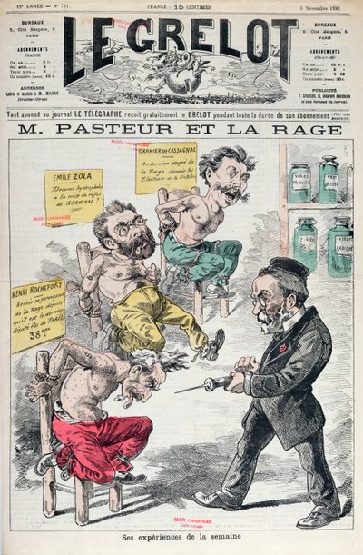 Pasteur och rabies, karikatyr av Louis Pasteurs experiment (1822-95) från Le Grelot, 8 november 1885 av French School