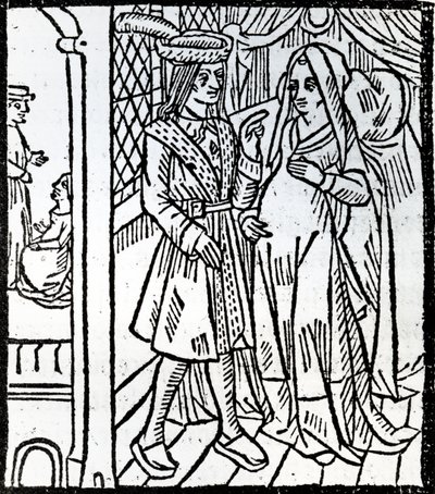 Pathelin och Guillemette, från The Farce of Master Pierre Pathelin, c.1465 av French School