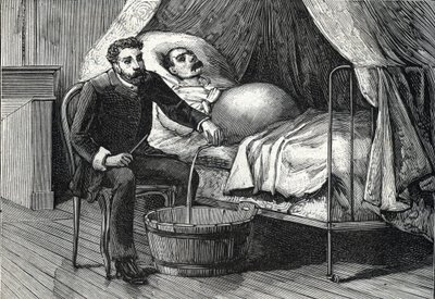 Patient med avancerad levercirrhos, läkare som utför en punktering (gravyr) 1888 av French School