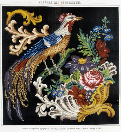 Mönster för korsstygnsbroderi (paradisfågel) - i "" Journal des Demoiselles"" 1852. av French School
