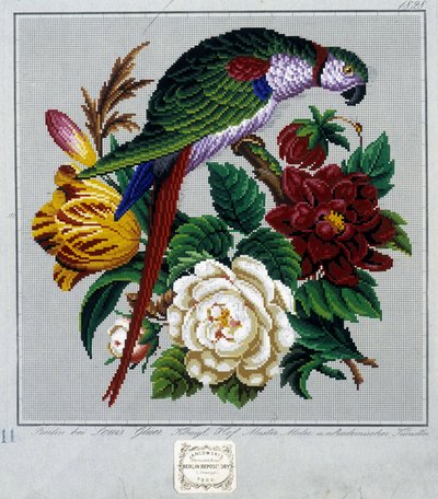 Mönster för korsstygnsbroderi (papegoja) - i "" Journal des Demoiselles"" 1852. av French School