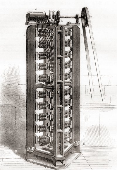 Paul-Gustave Froments vertikala elektromotor, ca 1844, från Les Merveilles de la Science, publicerad ca 1870 (gravyr) av French School