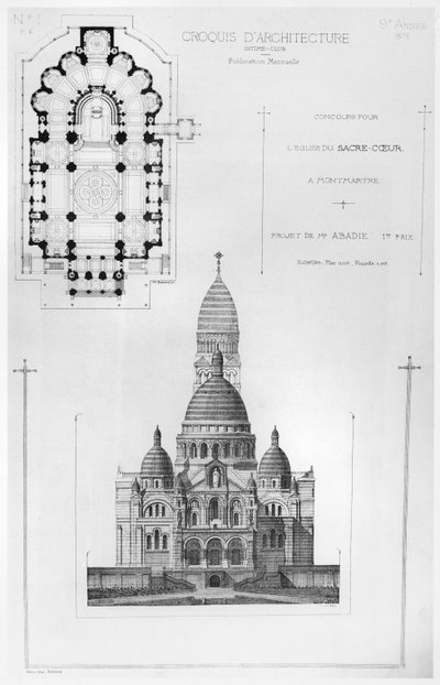 Paul Abadies vann design i Competition for the Design of Sacré-Coeur i Montmartre, från Croquis dArchitecture, 1875 av French School
