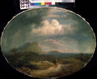 ""Italienskt landskap"" Havslandskap i stormigt väder med ett par som går på en väg. Målning av den franska skolan från början av 1800-talet. Mikhail Kroshitsky konstmuseum, Sevastopol (Sevastopol) Ukraina av French School