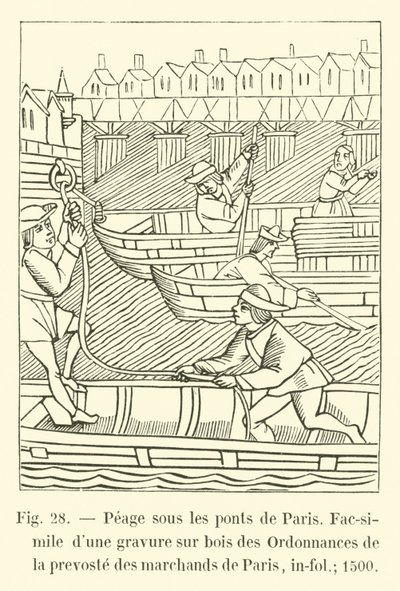 Peage sous les ponts de Paris, Faksimil av en trägravering av Ordinances of the prevoste av Paris köpmän, in-fol; 1500 av French School