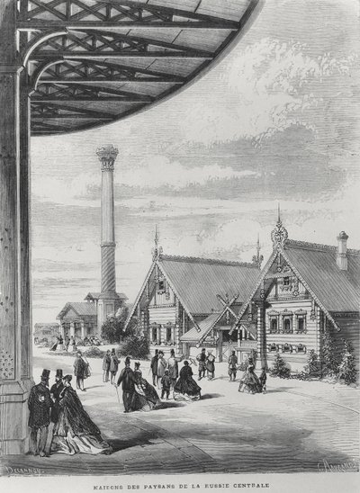 Bondehus vid den ryska paviljongen vid Exposition Universelle 1867 (litho) av French School