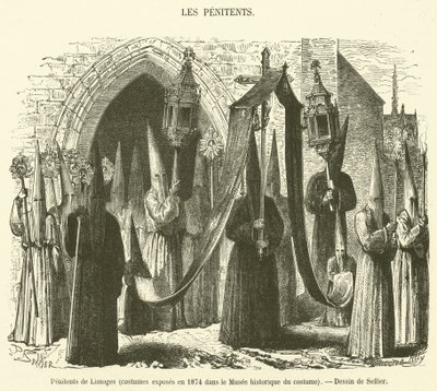 Penitents of Limoges, kostymer utställda 1874 i Historical Costume Museum (gravyr) av French School