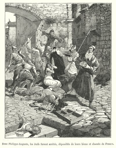 Förföljelse av franska judar under kung Philip Augustus regeringstid, sent 1100-tal (gravyr) av French School