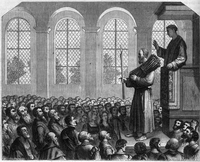 Förföljelser av protestanter i England på 1500-talet: offentlig ånger av James Bainham (Baynham) i Saint Paul. Anklagad för kätteri, dömdes han att stå framför predikstolen, en bög på huvudet, under en predikan som uttalades mot honom av French School