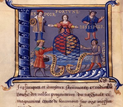 Personifieringar Fortune, Hope, Desperation, Ve och Ve - i "" Discours de l’origine, ämbete, laddning, framsteg, privilegier et immunite des roys et heraults d