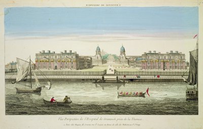 Perspektivvy av Greenwich Hospital på Themsen, graverad av Huquier (färggravyr) av French School