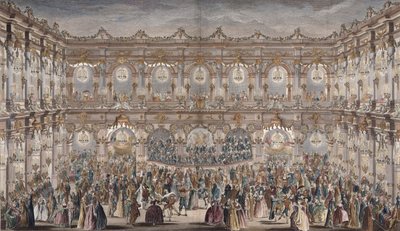 Perspektivvy av balsalen, konstruerad på innergården till Hotel de Ville (färggravyr) av French School