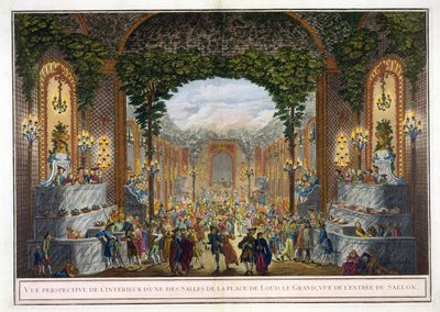 Perspektivvy av interiören av ett av rummen på Place de Louis le Grand, Vy över ingången till salongen (färggravyr) av French School