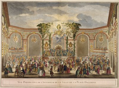 Perspektivvy av interiören av rummet på Place Dauphine (färggravyr) av French School
