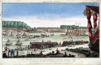 Perspektivvy av fester, spel och fyrverkerier på vattnet, mellan Place Louis XV och Palais Bourbon, med anledning av fred av French School