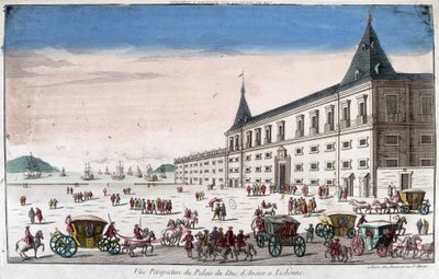 Perspektivsikt av slottet av hertigen av Aveiro i Lissabon - gravyr av French School