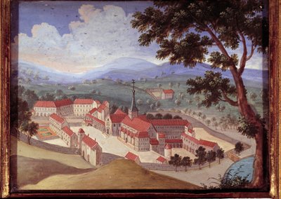 Perspektivvy av klostret Port royal des champs. Utsikt över klostret Port-Royal-des-Champs). Anonym målning från 1700-talet. Port Royal, Musee Des Granges. av French School