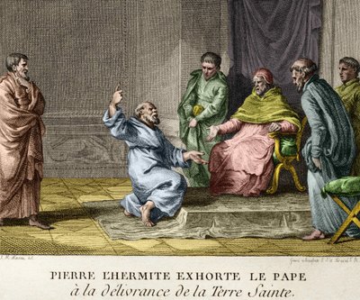 Peter Eremiten uppmanar påven Urban II att befria det heliga landet 1093 (Peter Eremiten predikar det första korståget) - Gravyr från Figurerna av Frankrikes historia, sd. sent 1700-tal av French School