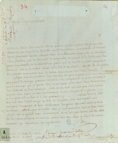 Framställning av Aldonze Sade om anställning, 1794-95 (penna och bläck på papper) av French School