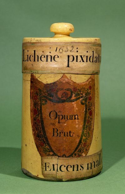 Farmaceutisk burk för förvaring av rå opium, 1632 (keramik) av French School