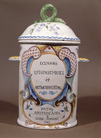 Farmaceutisk burk från Patry-apotekern i Longjumeau, 1767 (keramik) av French School