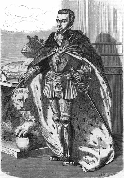 Filip II (1527-1598), kung av Spanien. I ""Popular History of France"", nd. ca 1885. Gravyr. av French School