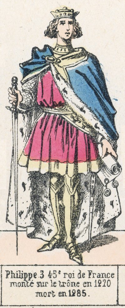 Philippe 3, 45:e kung av Frankrike, besteg tronen 1270, dog 1285 (färgad gravyr) av French School